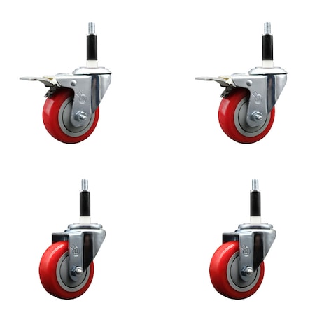 Service Caster 3.5'' SS Red Poly Swivel 7/8'' Expanding Stem Caster Set 2 Total Lock Brakes, 4PK SCC-SSEXTTL20S3514-PPUB-RED-2-S-2-78